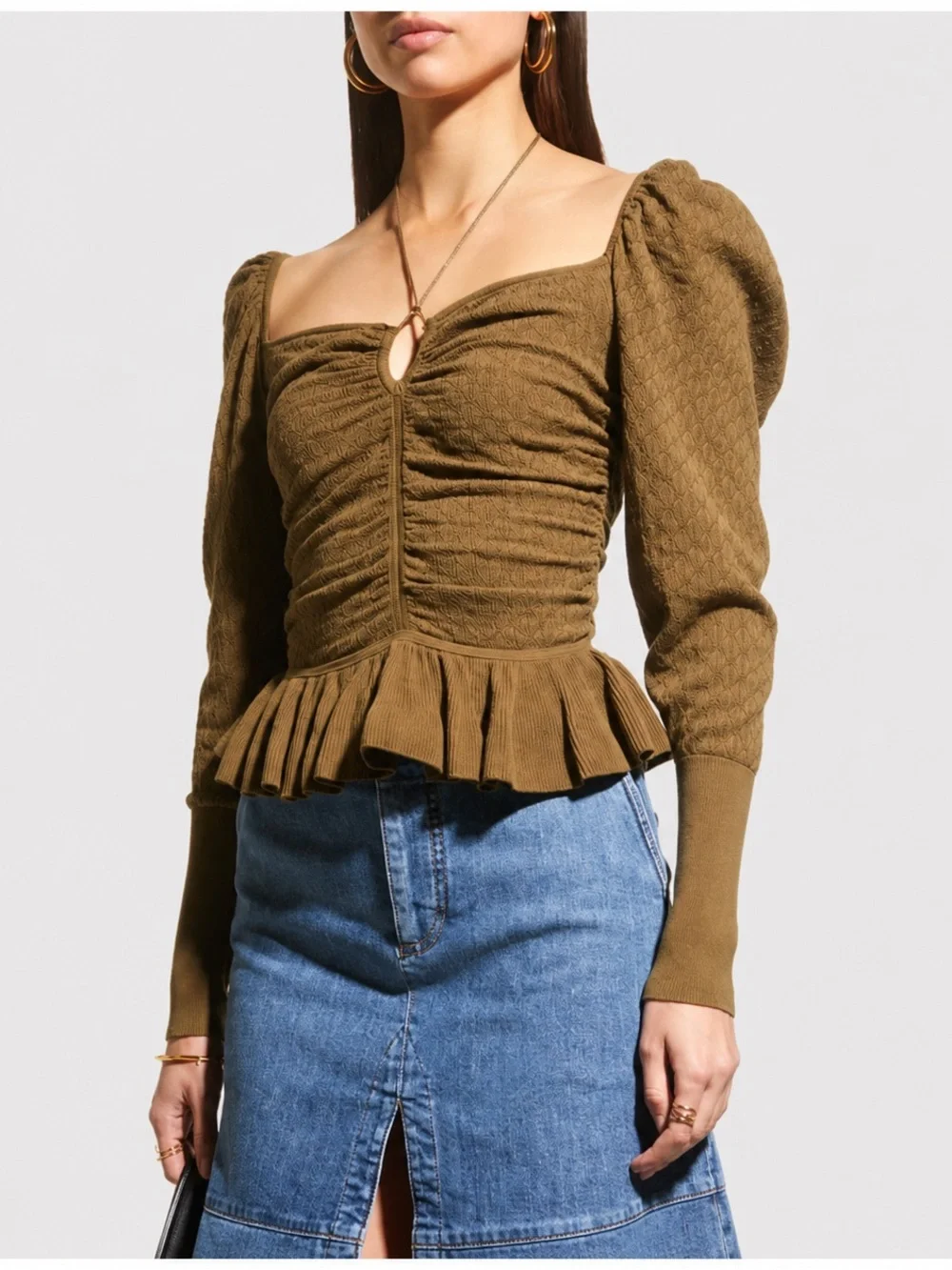 Ulla Johnson Leland Pointelle Olive Green Knit Peplum Top Petite XS/S